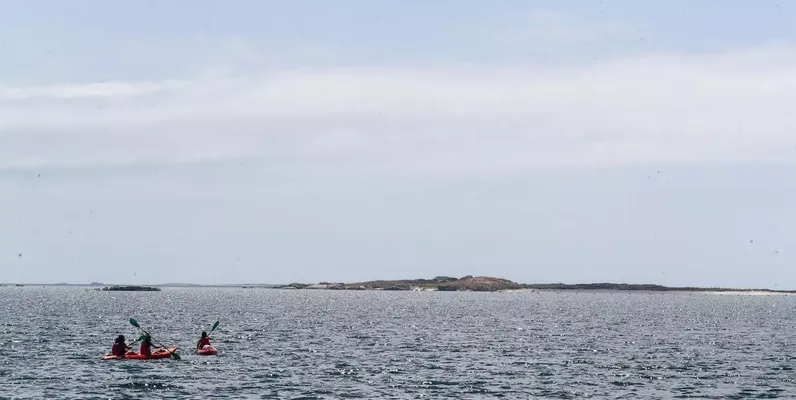 Un grupo de kayaks reman hacia el Areoso. / INAKI ABELLA DIEGUEZ